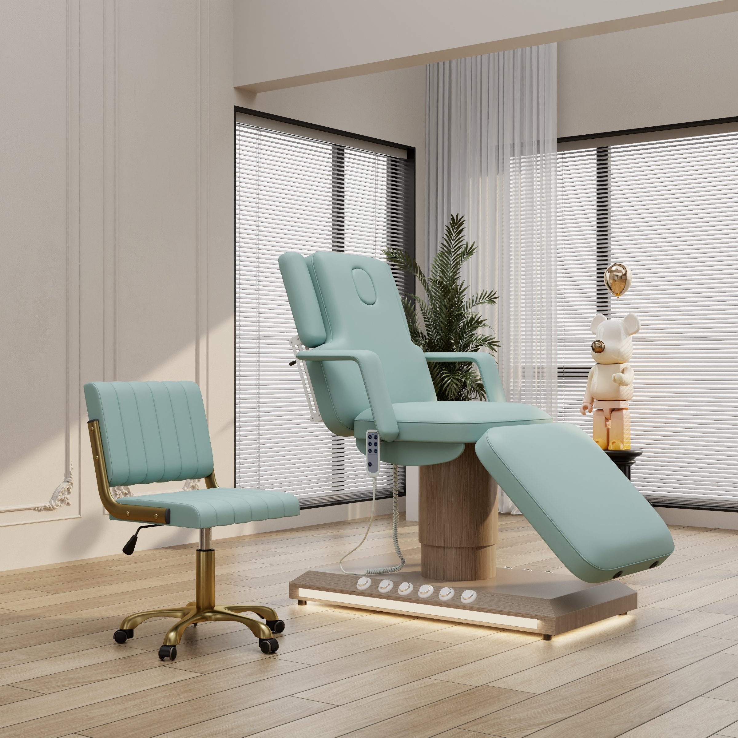 Modern beauty salon black leather gold base foot control massage table set 3 motor electric adjustable led cosmetic bed for sale