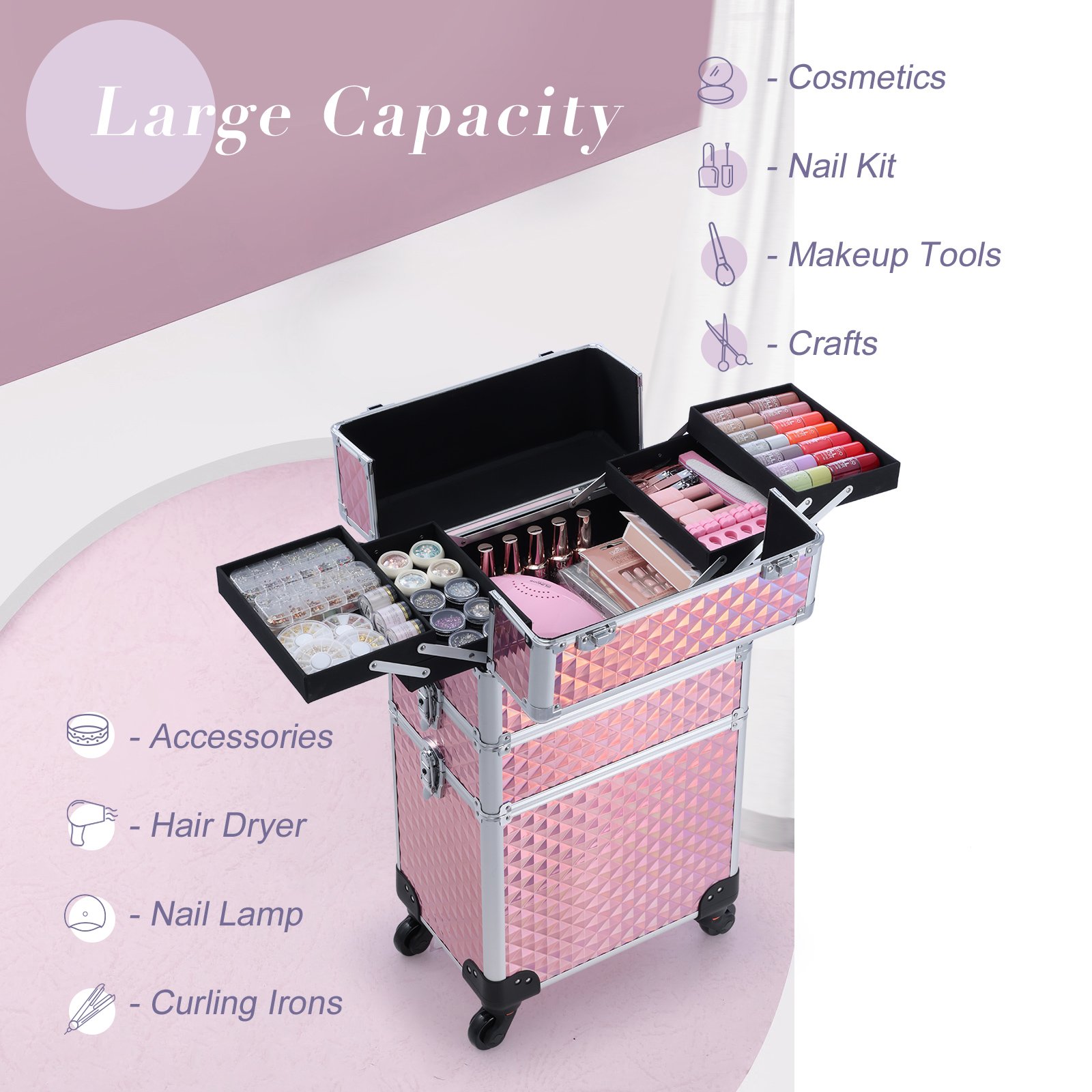 3 In 1 Professional Makeup Trolley Aluminum Cosmetics Travel Vanity Case Rolling Makeup Case Large Capacity Portable