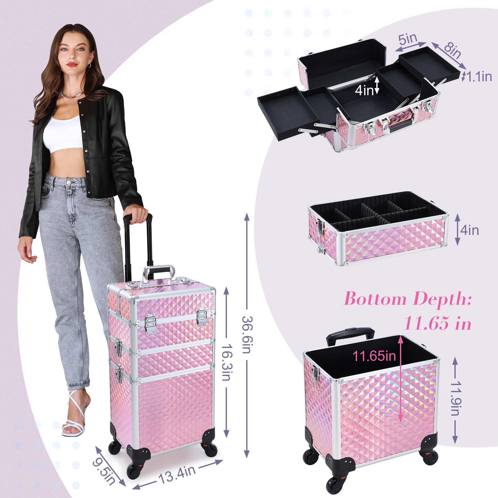 3 In 1 Professional Makeup Trolley Aluminum Cosmetics Travel Vanity Case Rolling Makeup Case Large Capacity Portable