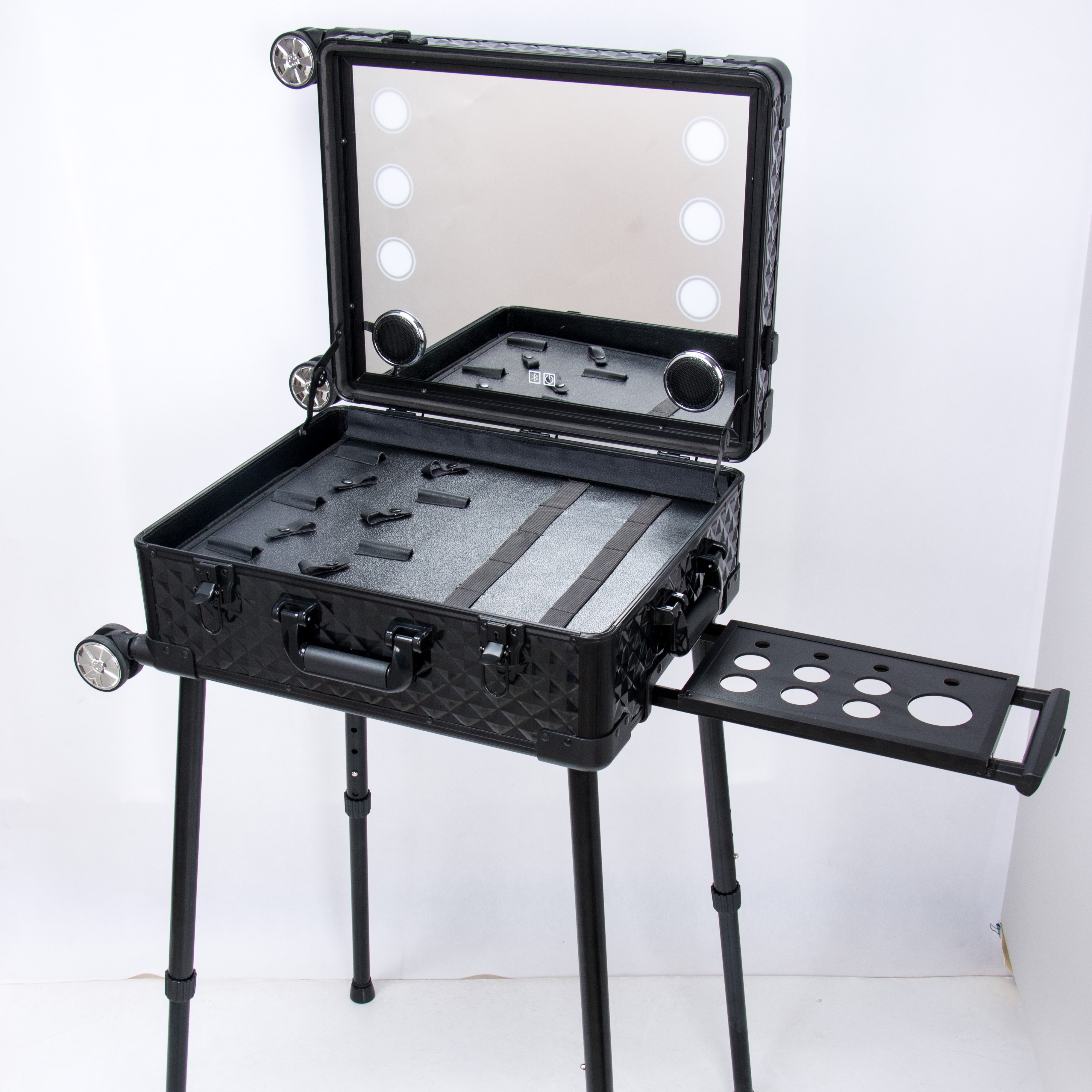 KONCAI Hard Shell Carrying Case Hair Salon Makeup Case Professional Makeup Barber Trolley Case With LED Mirror