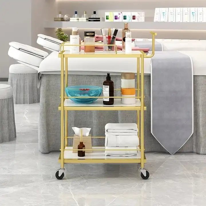Commercial modern Barber Shop removable Luxury Gold Iron Hairdressing salon furnitureTrolly