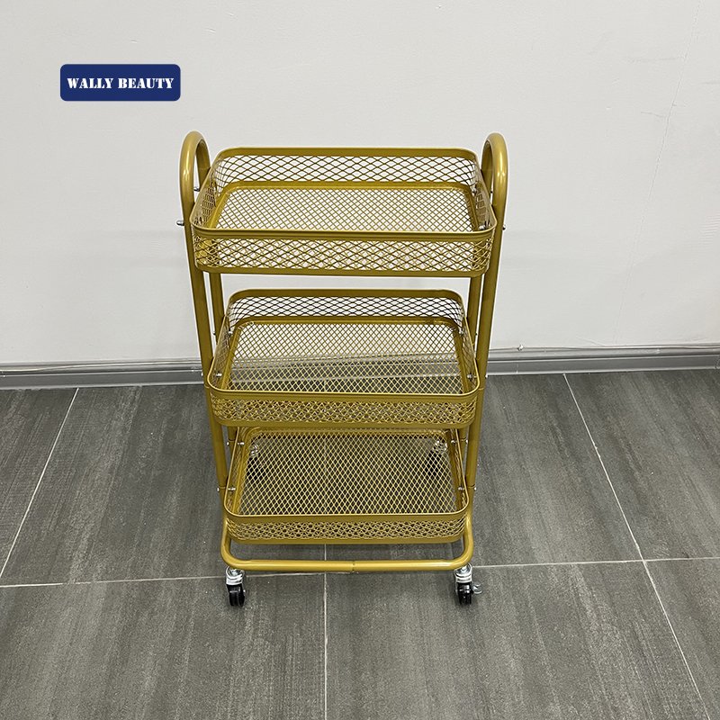 Wallybeauty new design makeup salon cart 3 tiers pedicure spa nail shop trolley gold beauty trolley with lockable wheels