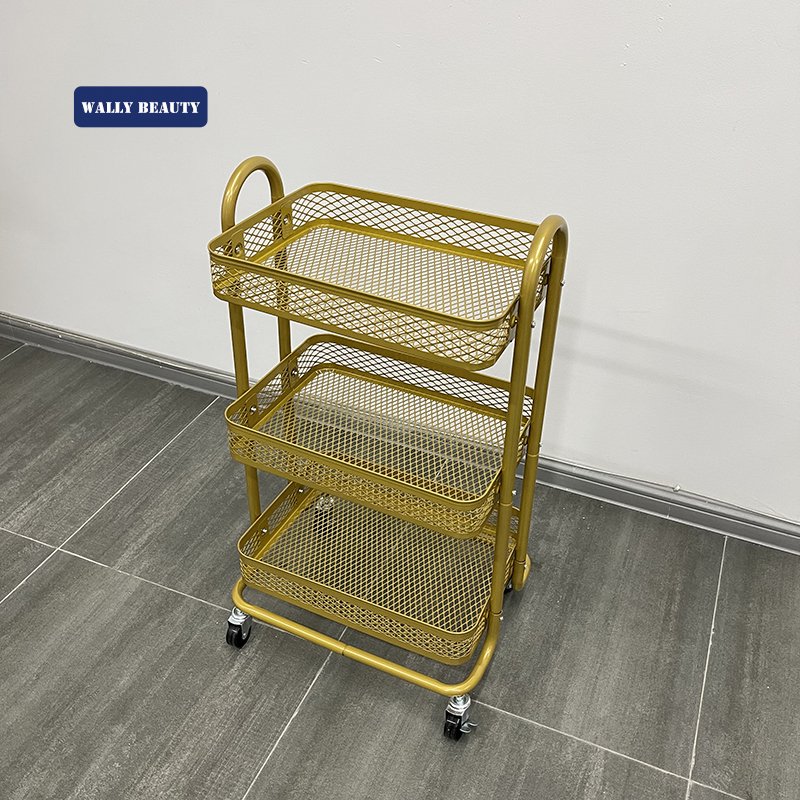 Wallybeauty new design makeup salon cart 3 tiers pedicure spa nail shop trolley gold beauty trolley with lockable wheels