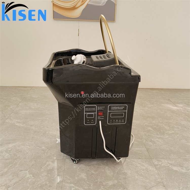 Kisen 60L Water Tank Black Hair Washing Head Therapy SPA Pipeless Portable Shampoo Basin Sink With Steamer For Beauty Bed Use