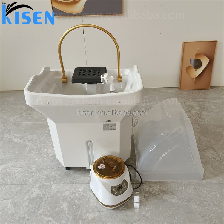 Kisen 60L Water Tank Black Hair Washing Head Therapy SPA Pipeless Portable Shampoo Basin Sink With Steamer For Beauty Bed Use