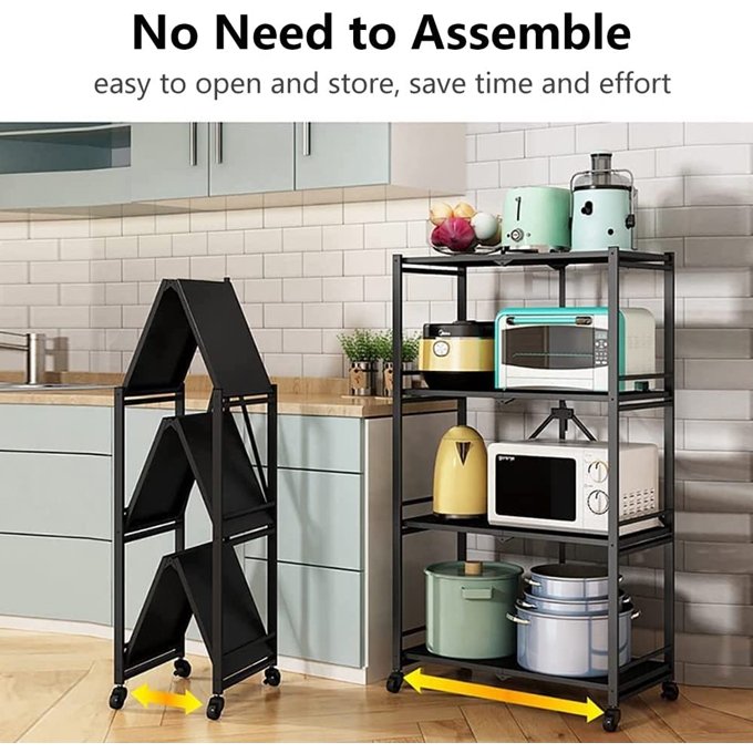 4-Shelf General Purpose Collapsible/Foldable Shelving Unit, Sturdy Storage Rack with Caster Wheels. 4-Tier Organizer