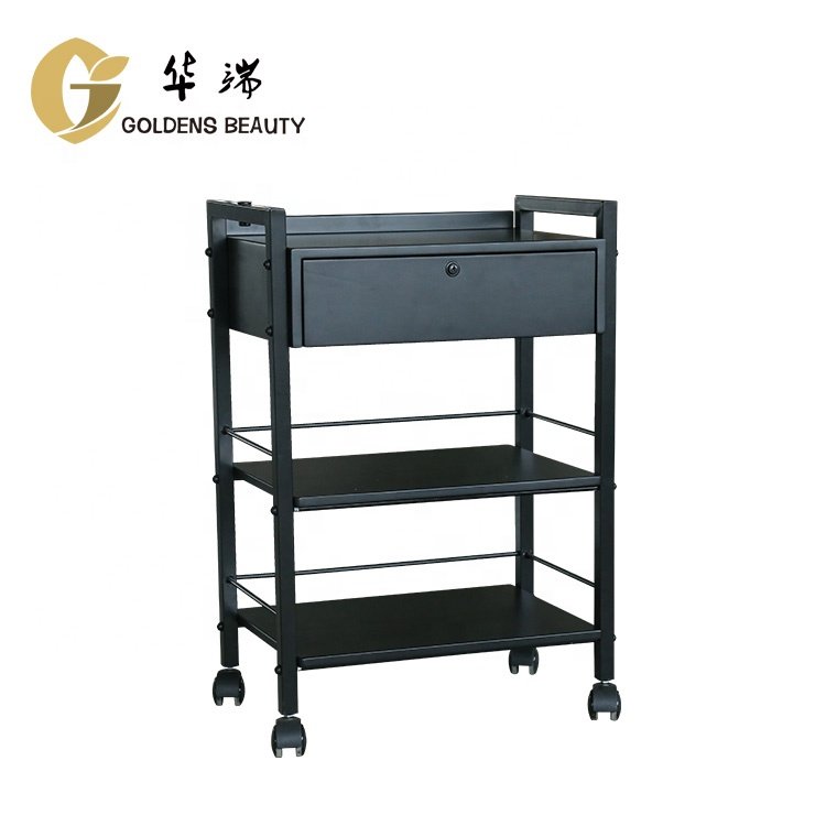 Manufacturer's New Design Barber Cheap Lockable Rolling Metal Beauty Nail Gold Storage Facial Tray Cart