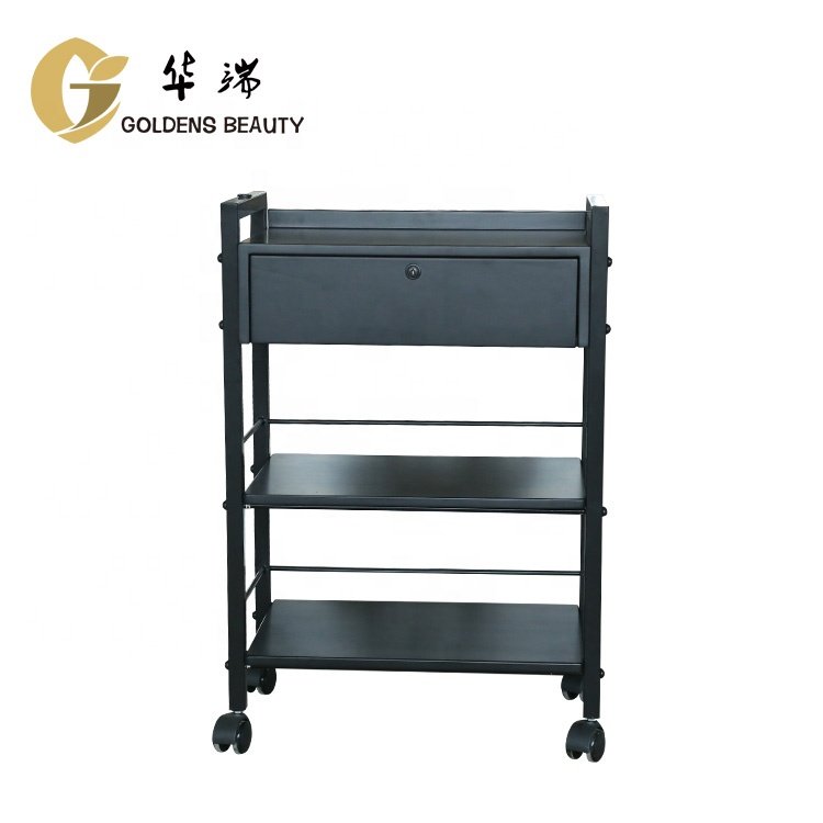 Manufacturer's New Design Barber Cheap Lockable Rolling Metal Beauty Nail Gold Storage Facial Tray Cart