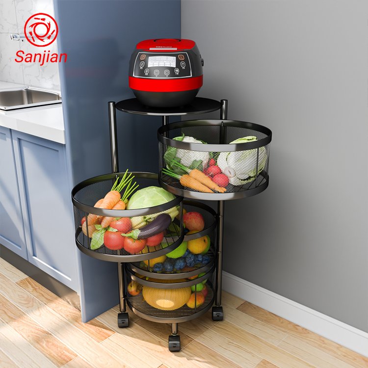 Sanjian Factory Multi-function Home Kitchen Bathroom Storage Basket Metal Mobile Carts Mesh Round Basket Storage Kitchen Trolley