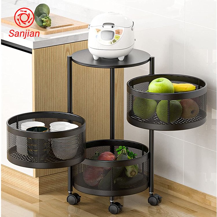 Sanjian Factory Multi-function Home Kitchen Bathroom Storage Basket Metal Mobile Carts Mesh Round Basket Storage Kitchen Trolley