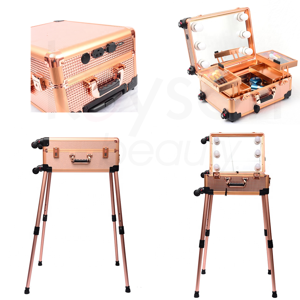 Wholesale Rolling Makeup Trolley Train Case Cosmetic Box Studio with Bulb Speaker Wheels Tempered Mirror for Salon Artists