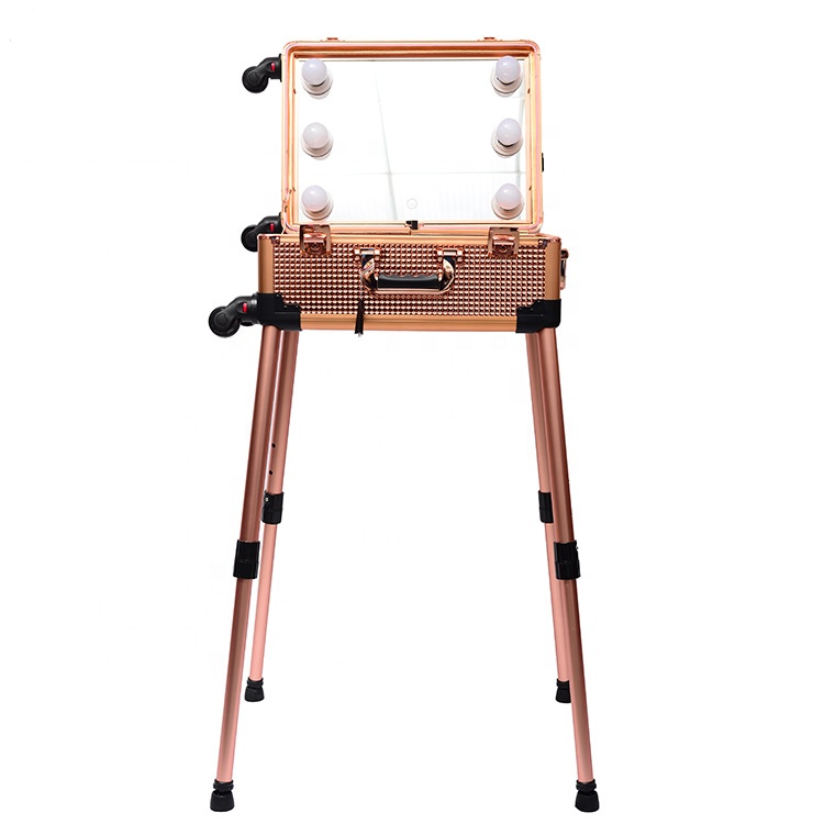 Wholesale Rolling Makeup Trolley Train Case Cosmetic Box Studio with Bulb Speaker Wheels Tempered Mirror for Salon Artists