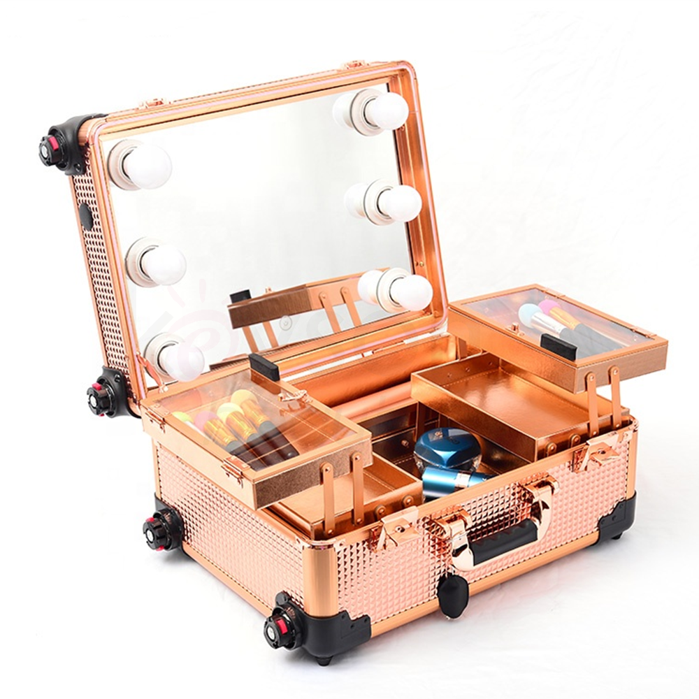 Wholesale Rolling Makeup Trolley Train Case Cosmetic Box Studio with Bulb Speaker Wheels Tempered Mirror for Salon Artists