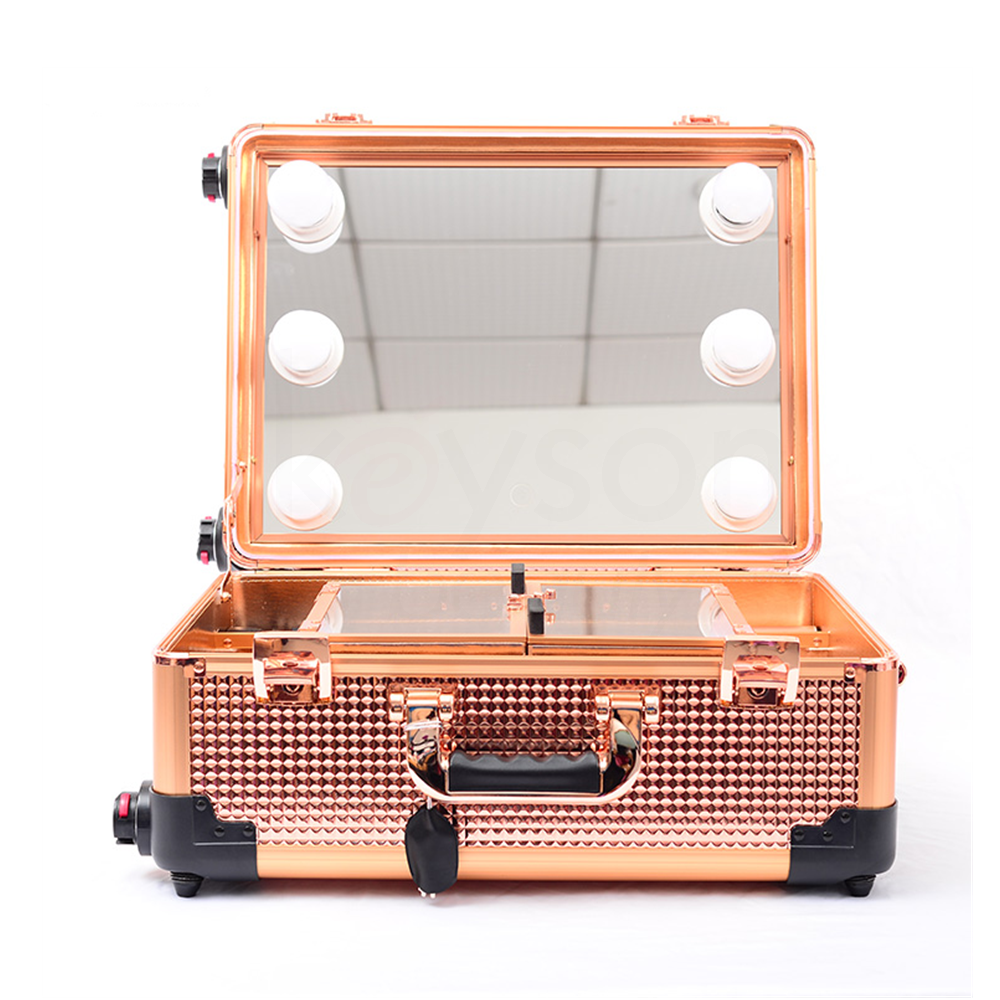 Wholesale Rolling Makeup Trolley Train Case Cosmetic Box Studio with Bulb Speaker Wheels Tempered Mirror for Salon Artists