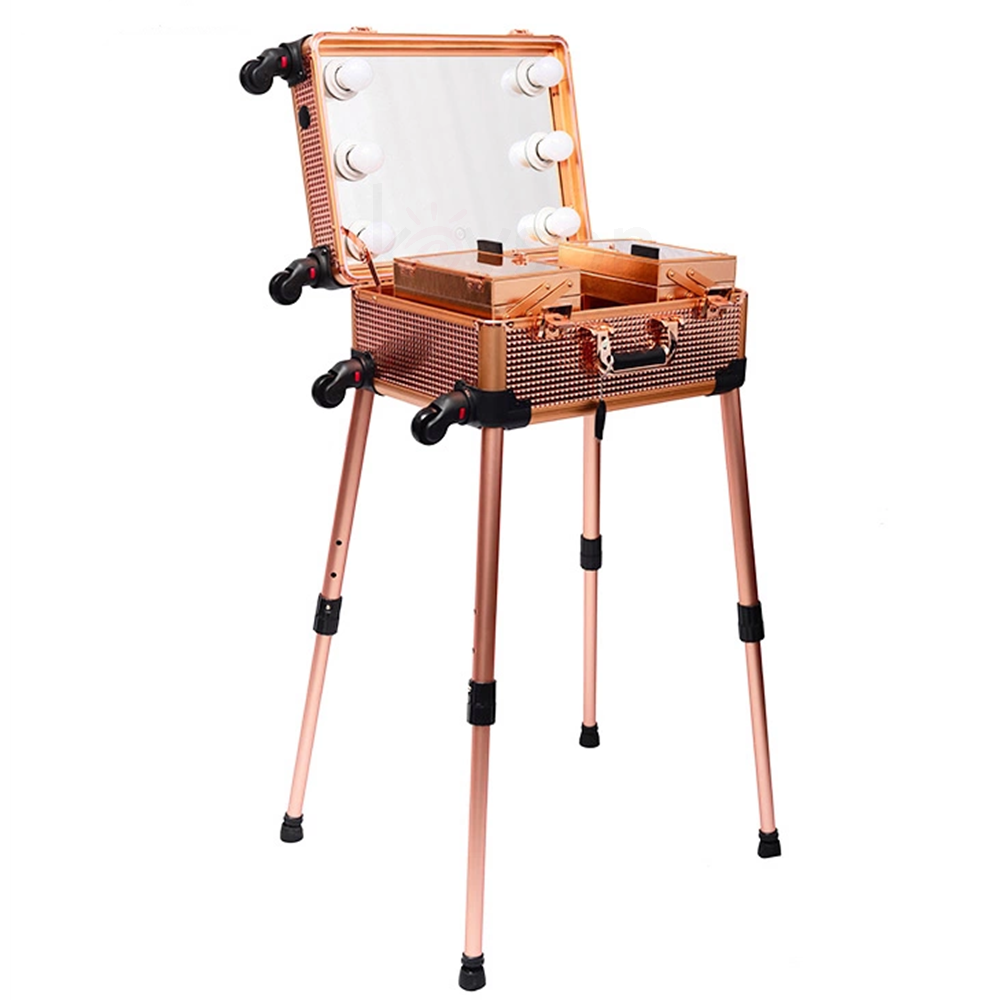 Wholesale Rolling Makeup Trolley Train Case Cosmetic Box Studio with Bulb Speaker Wheels Tempered Mirror for Salon Artists