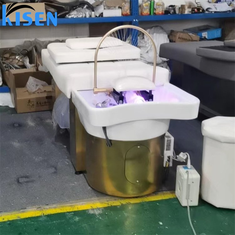 KISEN Luxury Shampoo Bed Chair Washing Hair Bed With Head Therapy Steamer Thai Massage Beauty Hair Salon For Barber Shop
