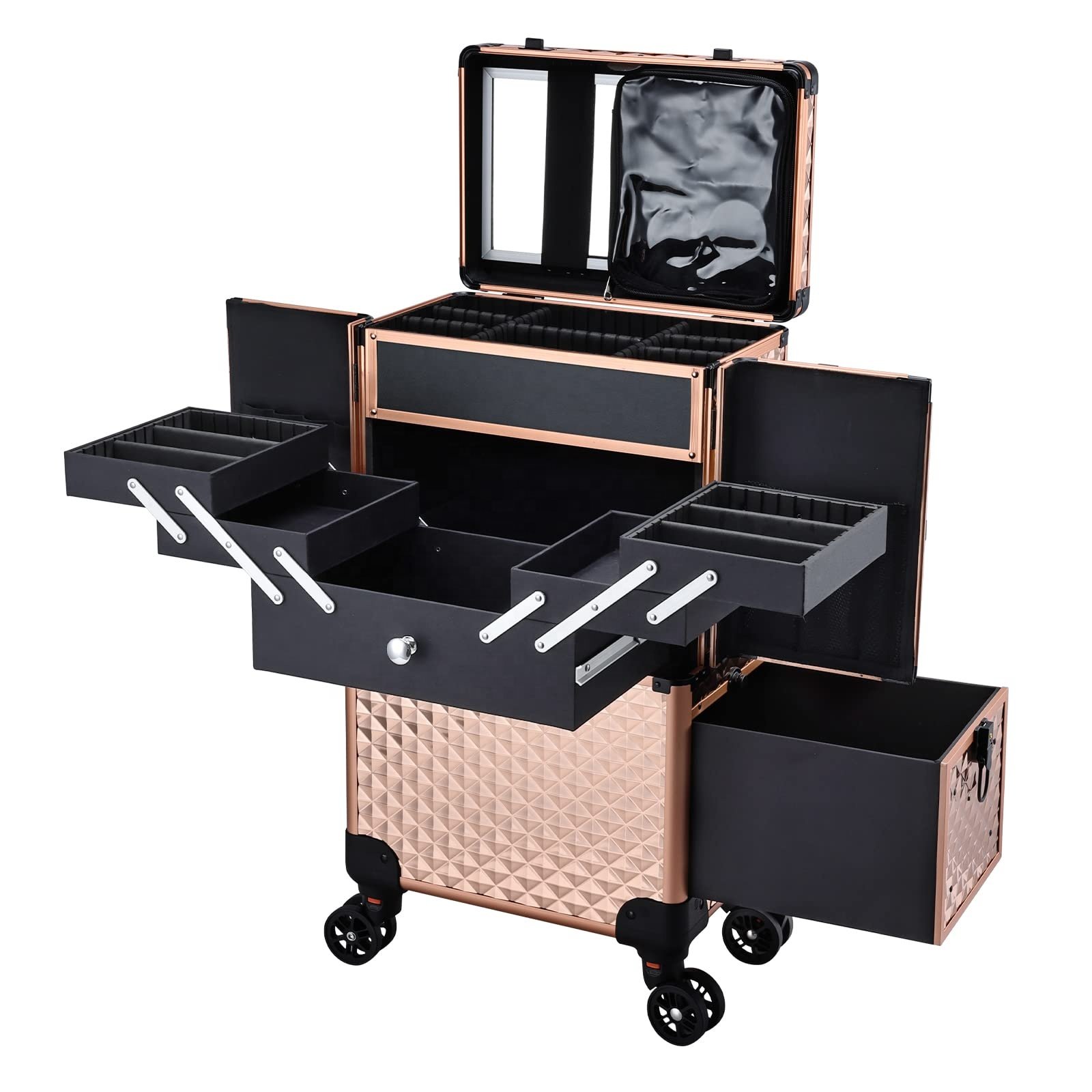 Large Trolley Storage Case Professional Makeup Artist Rolling Train Case Nail Technicians Cosmetology Case