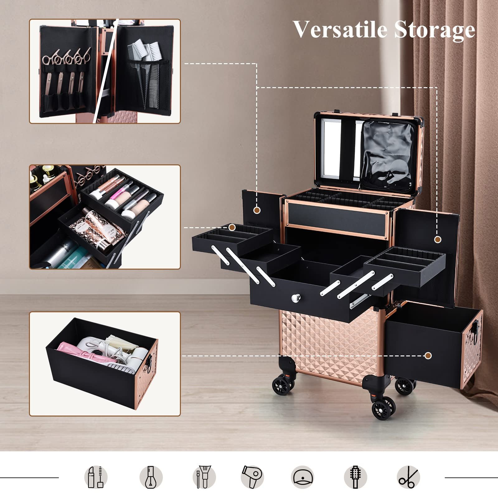 Large Trolley Storage Case Professional Makeup Artist Rolling Train Case Nail Technicians Cosmetology Case