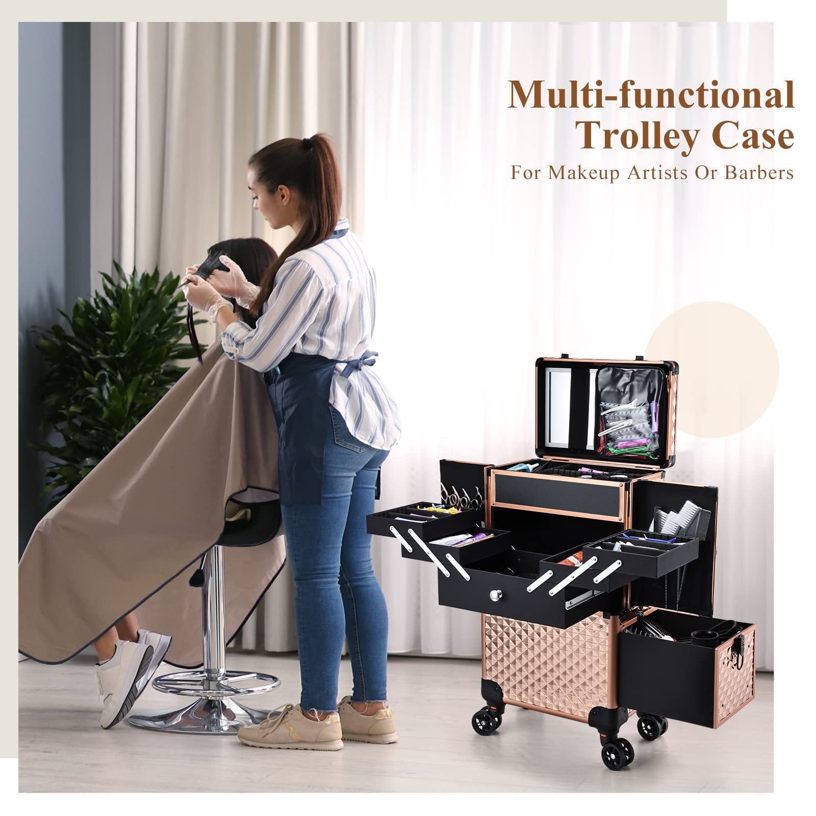 Large Trolley Storage Case Professional Makeup Artist Rolling Train Case Nail Technicians Cosmetology Case
