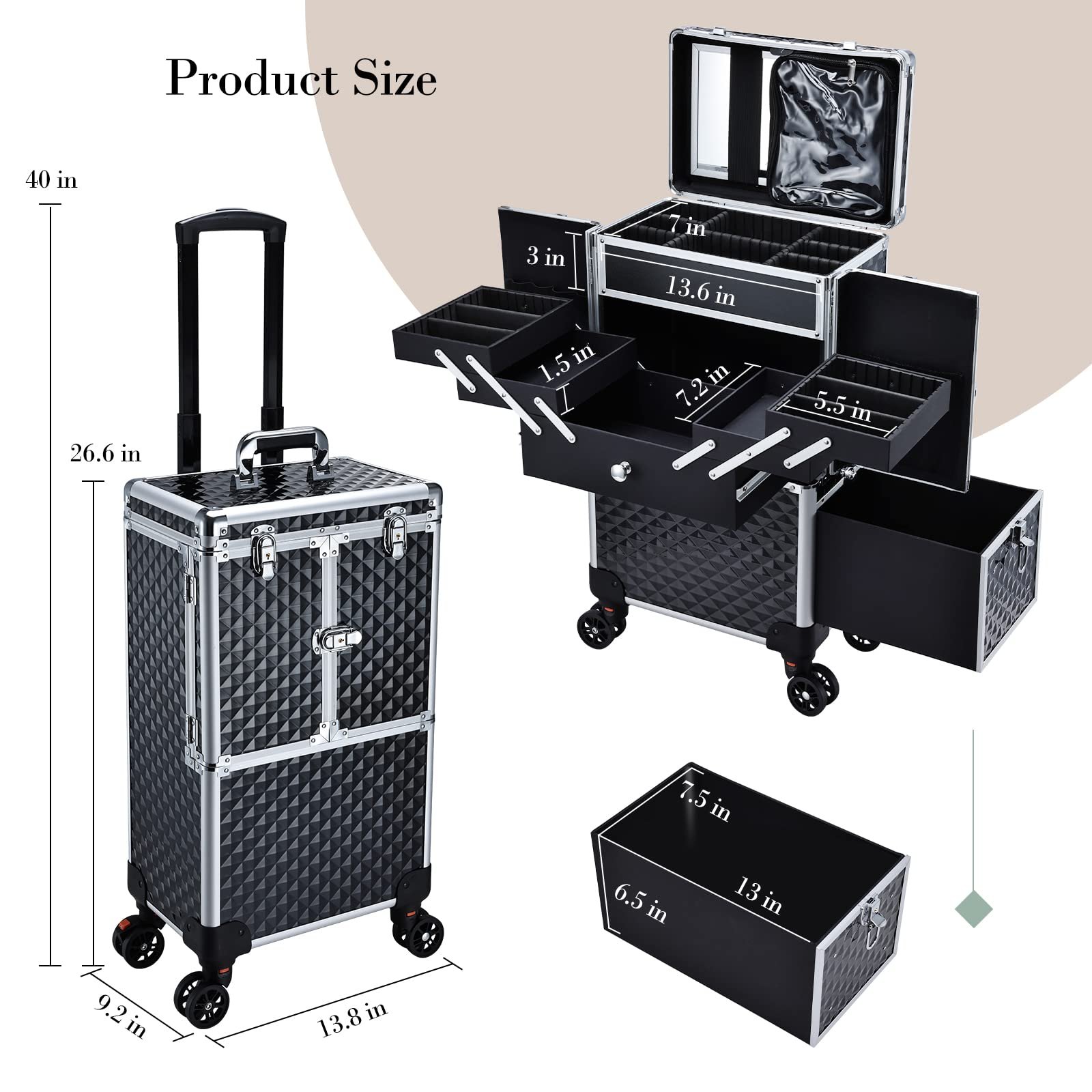 Large Trolley Storage Case Professional Makeup Artist Rolling Train Case Nail Technicians Cosmetology Case