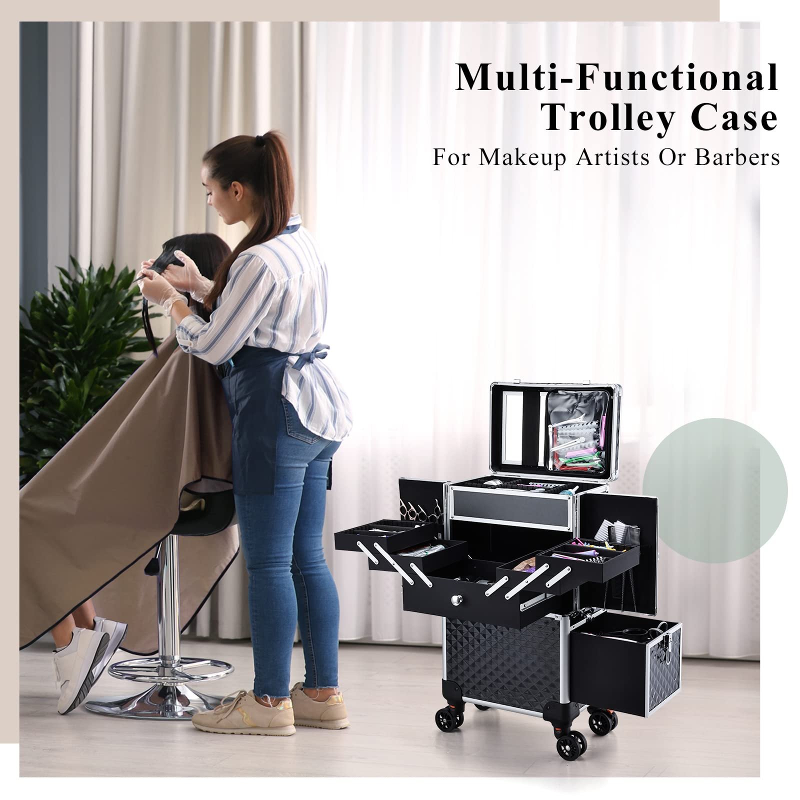 Large Trolley Storage Case Professional Makeup Artist Rolling Train Case Nail Technicians Cosmetology Case