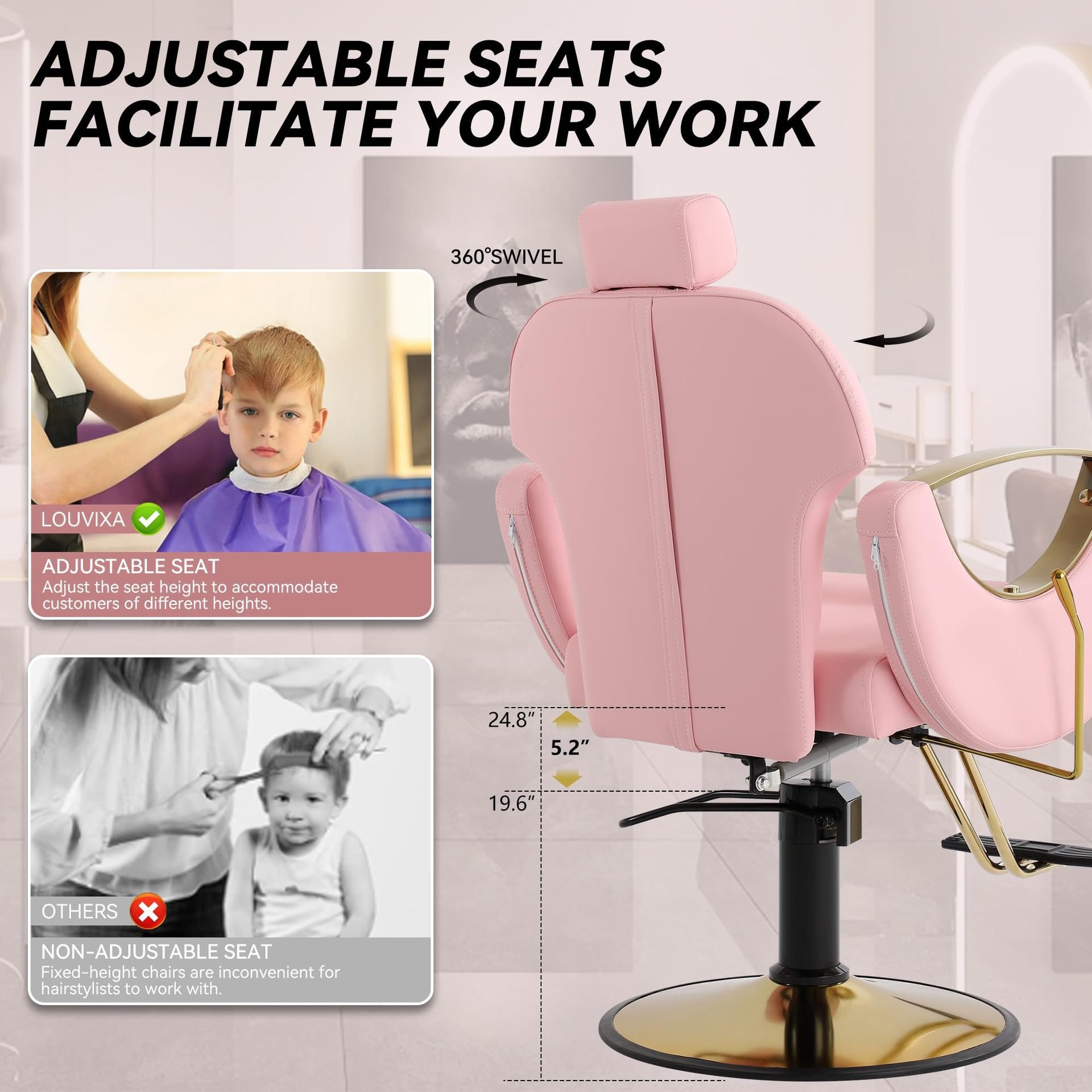 Pink Gold Barber Chair Heavy Duty Reclining Hair Styling Chair Professional Hydraulic Salon Chair for Barbershop