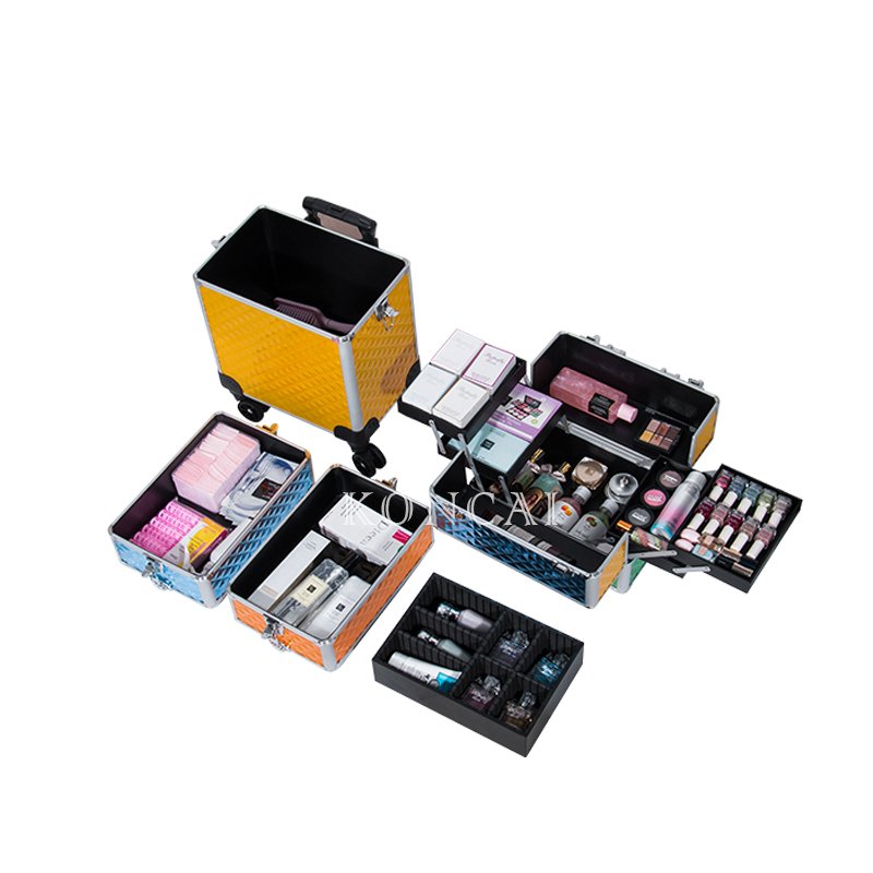 KONCAI Aluminum travel beauty box Cosmetic organizer case make up train rolling makeup trolley nail salon case