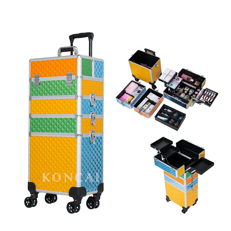 KONCAI Aluminum travel beauty box Cosmetic organizer case make up train rolling makeup trolley nail salon case