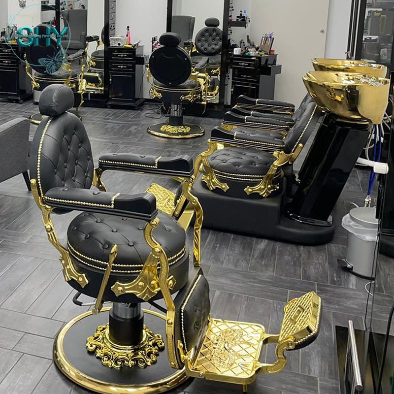 High Quality Vintage Luxury Gold Barber Chair for Beauty and Nail Salons Hydraulic Big Pump Barber Shop Chair