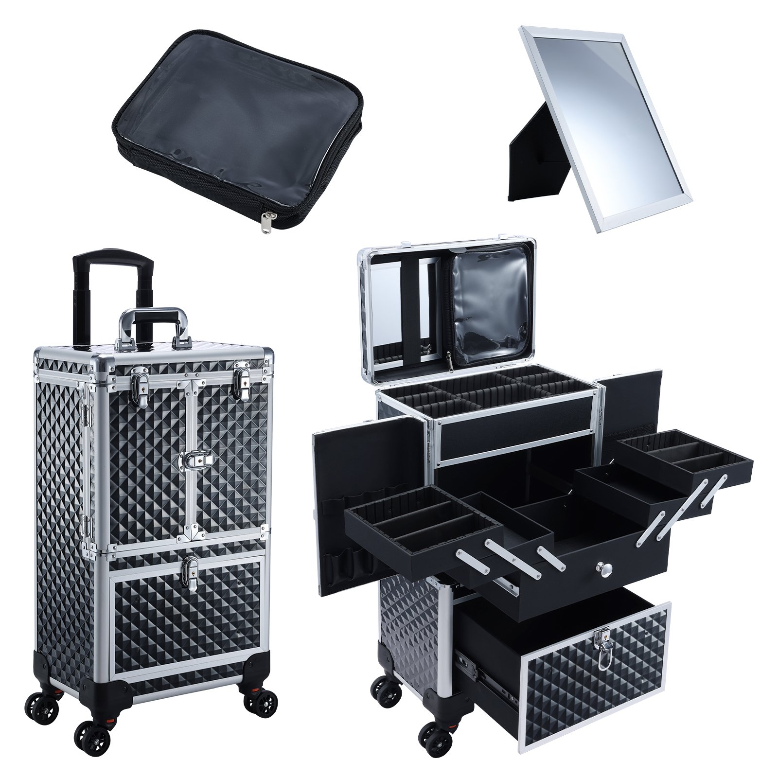 Aluminum Makeup Train Case Rolling Travel Salon Nail Trolley Cosmetic Hairdressing Vanity Storage Organizer Cosmetic Case