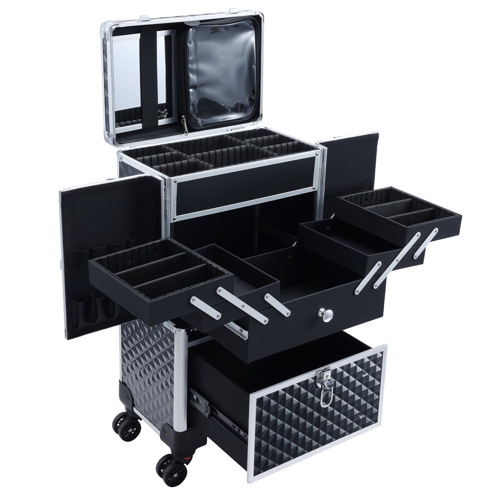Aluminum Makeup Train Case Rolling Travel Salon Nail Trolley Cosmetic Hairdressing Vanity Storage Organizer Cosmetic Case