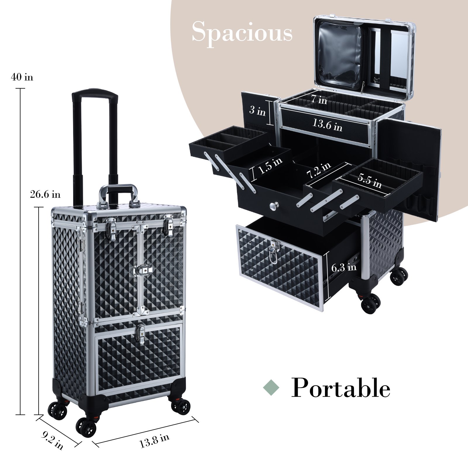 Aluminum Makeup Train Case Rolling Travel Salon Nail Trolley Cosmetic Hairdressing Vanity Storage Organizer Cosmetic Case