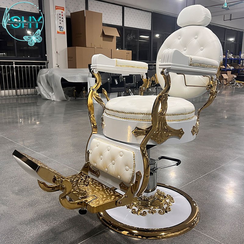 Antique Style Beauty Hairdressing Chair in White Gold Steel Material Salon Barber Chair for Sale for Hair Styling