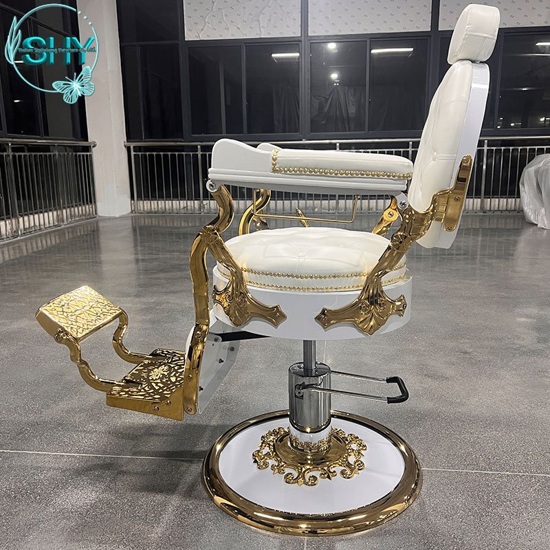Antique Style Beauty Hairdressing Chair in White Gold Steel Material Salon Barber Chair for Sale for Hair Styling