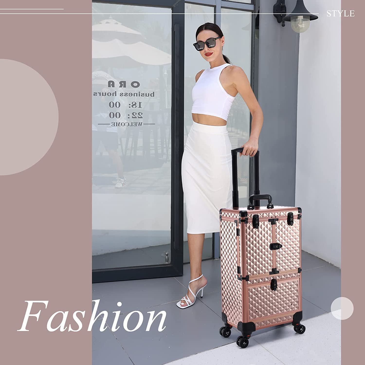 Rose Gold Makeup Case With Mirror Door Multi-layer Box Expandable Cosmetic Suitcase Train Kit For Salon Professional Beauty