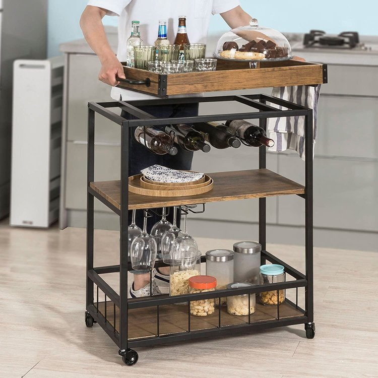 Wooden Food Rack Metal Kitchen Trolley Gold Mobile Cart on Wheels Drinks Bar Wood Modern Hotel Furniture Serving Cart Table Wood