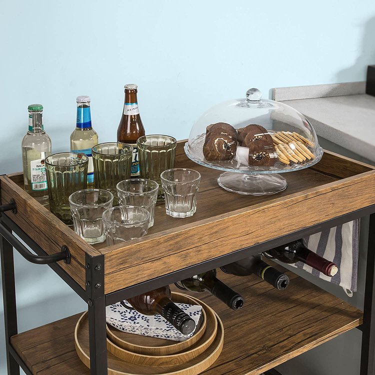 Wooden Food Rack Metal Kitchen Trolley Gold Mobile Cart on Wheels Drinks Bar Wood Modern Hotel Furniture Serving Cart Table Wood