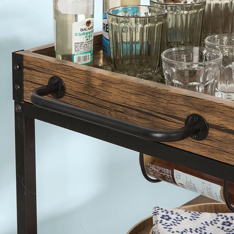 Wooden Food Rack Metal Kitchen Trolley Gold Mobile Cart on Wheels Drinks Bar Wood Modern Hotel Furniture Serving Cart Table Wood