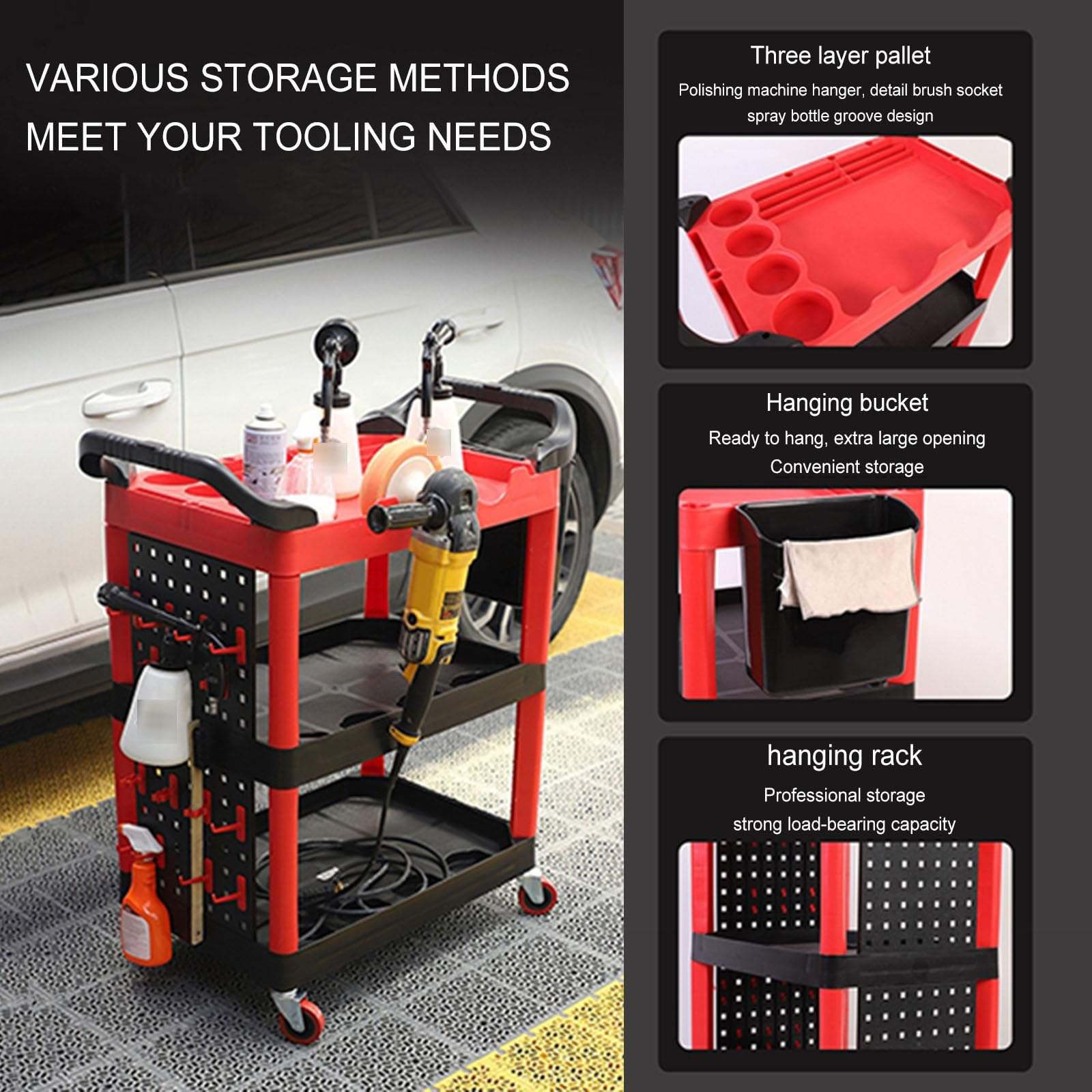 Multi-Purpose Auto Beauty Salon Trolley Garage Car Washing Shop Three-Story Cart with Bucket
