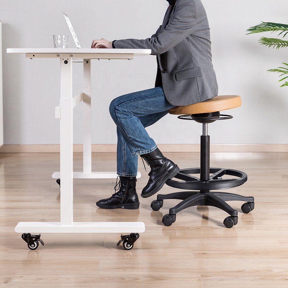 Home Office Lounge Backless Faux Leather Bar Chair With Footrest Ergonomic Height Adjustable Round Stool With Wheel