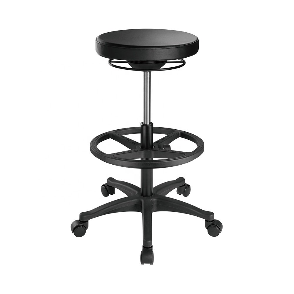 Home Office Lounge Backless Faux Leather Bar Chair With Footrest Ergonomic Height Adjustable Round Stool With Wheel