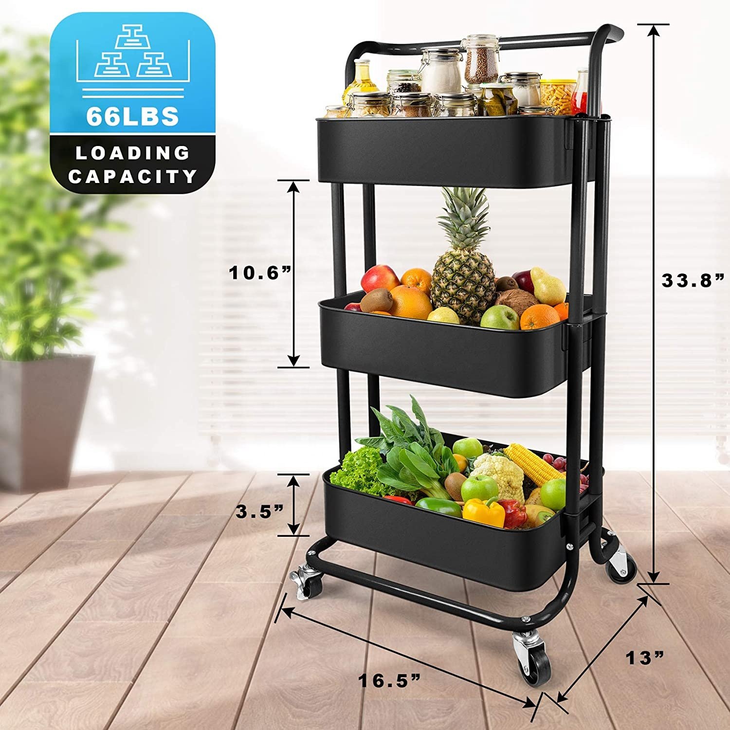 3-Tier Bathroom Cart Rolling Salon Utility Standing Bakers Household Plastic Trolley Organization Cart with Handle and Lockable