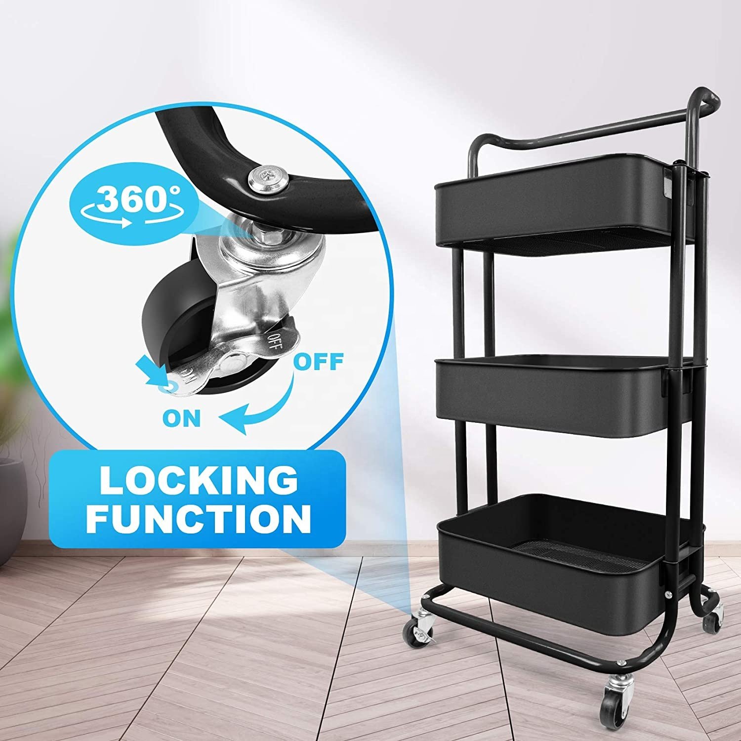 3-Tier Bathroom Cart Rolling Salon Utility Standing Bakers Household Plastic Trolley Organization Cart with Handle and Lockable