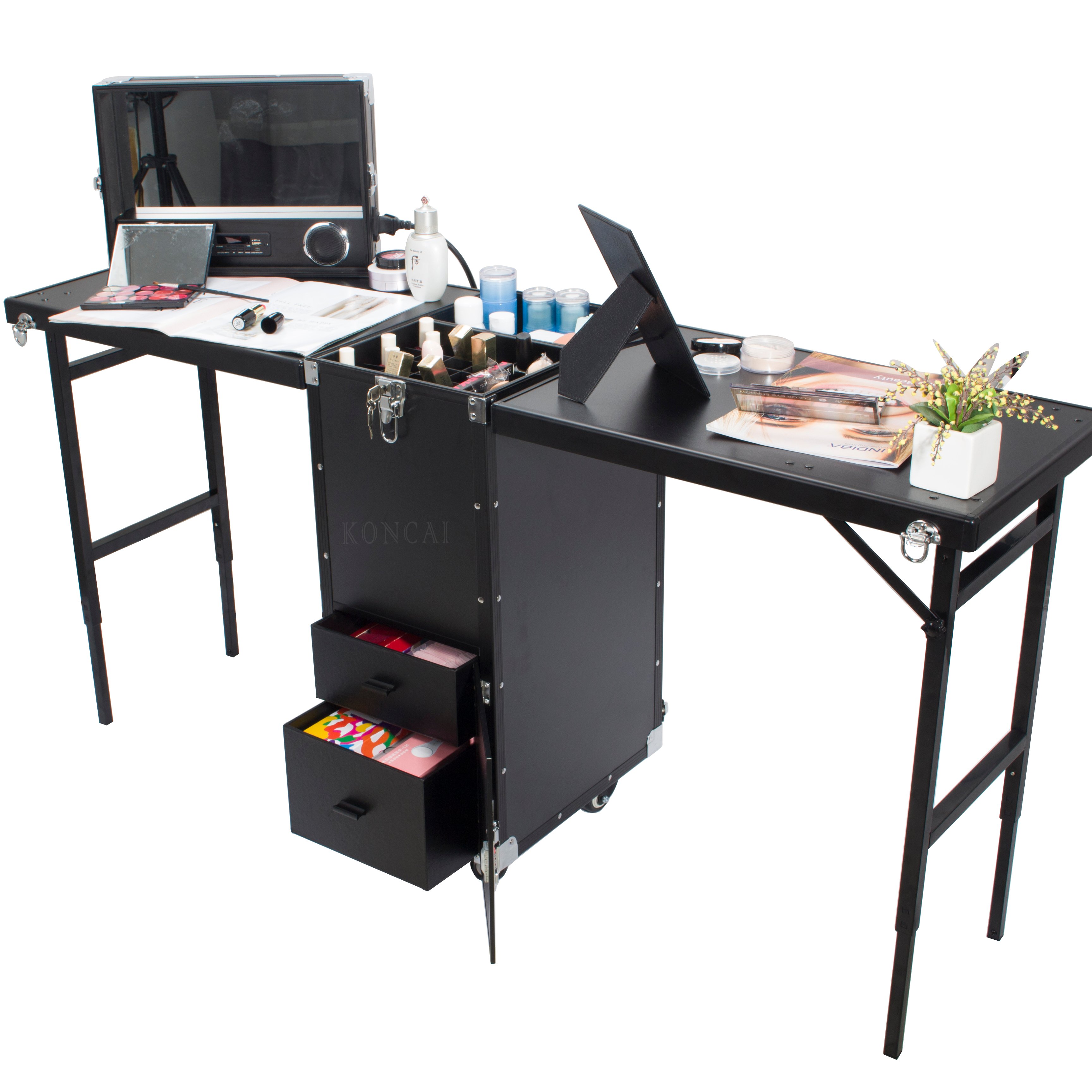 KONCAI Nail Manicure Platform Portable Rolling Makeup Train Case Nail Salon table Makeup case Polish Trolley Workstation