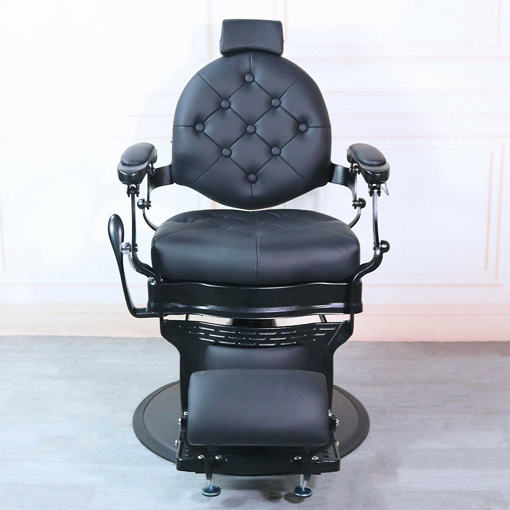 Heavy Duty Retro Men All Black Reclining Rotating Barber Chairs Old Fashioned Modern Salon Commercial Hair Cutting Chair