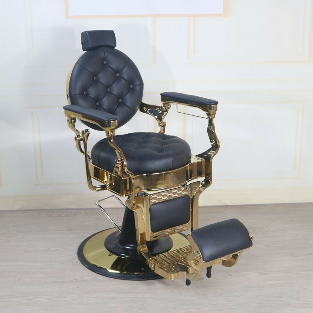 Heavy Duty Retro Men All Black Reclining Rotating Barber Chairs Old Fashioned Modern Salon Commercial Hair Cutting Chair