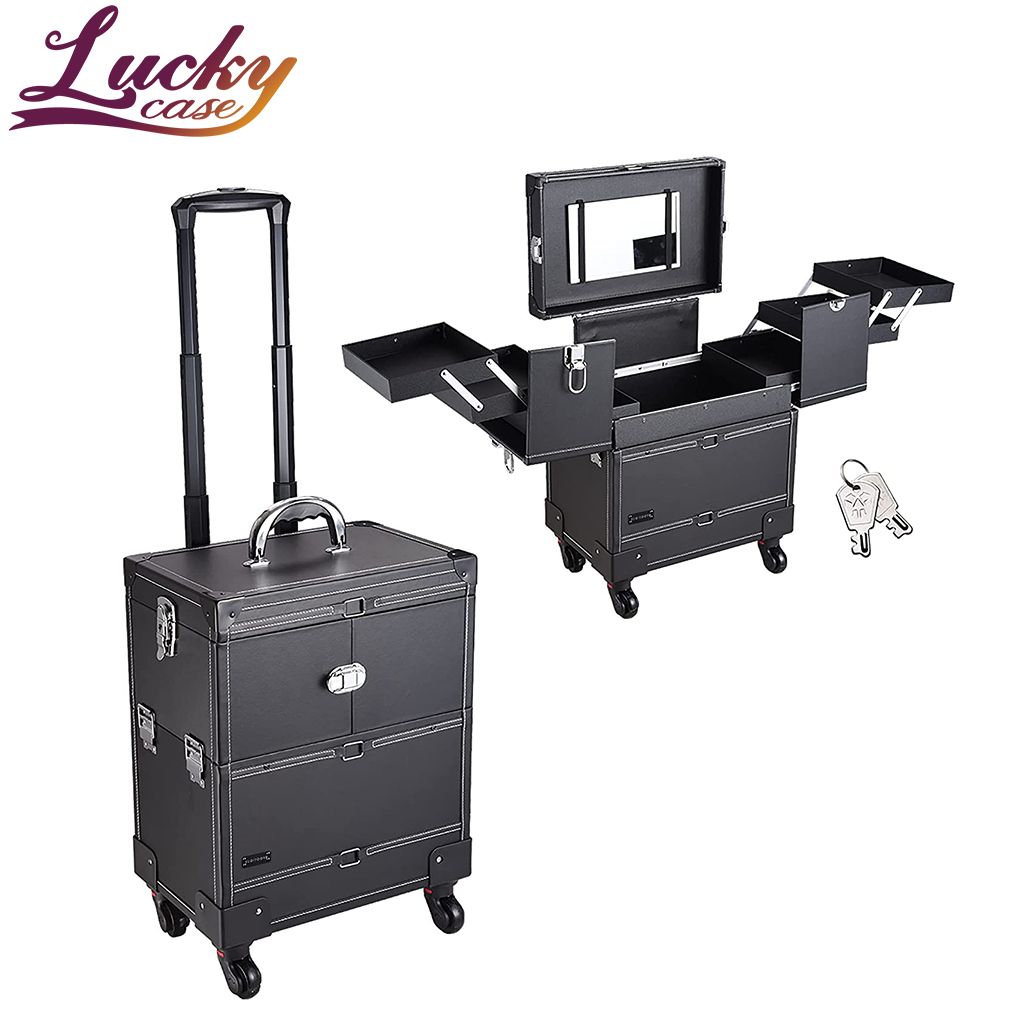 Black Rolling Makeup Train Case Artist Beauty Barber Trolley Cosmetic Storage Salon Box