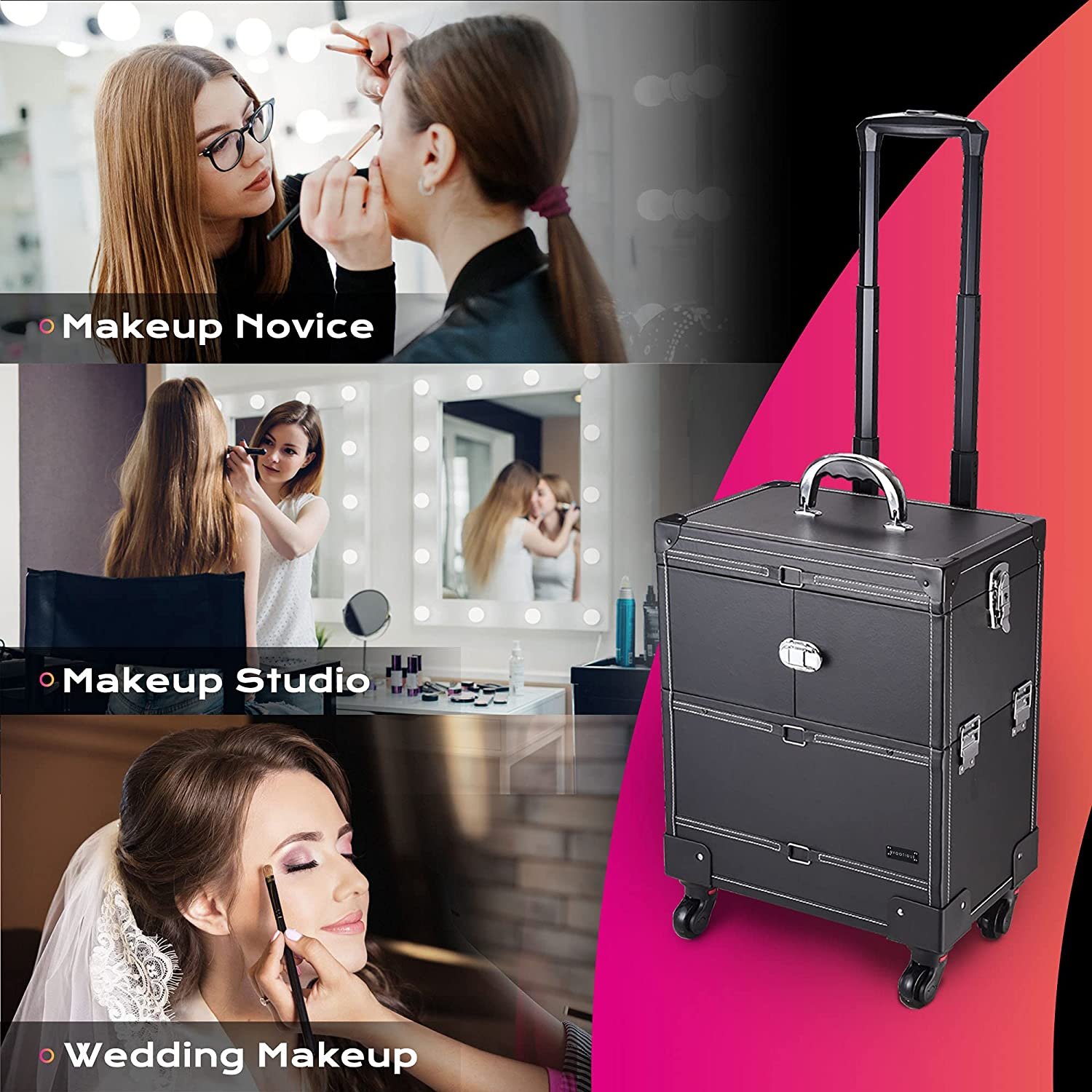 Black Rolling Makeup Train Case Artist Beauty Barber Trolley Cosmetic Storage Salon Box