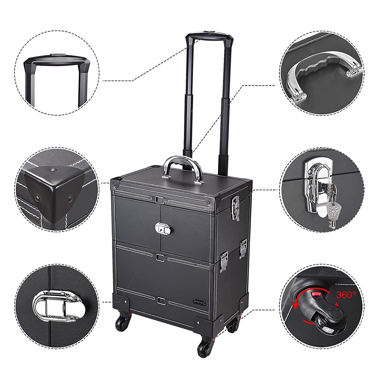 Black Rolling Makeup Train Case Artist Beauty Barber Trolley Cosmetic Storage Salon Box
