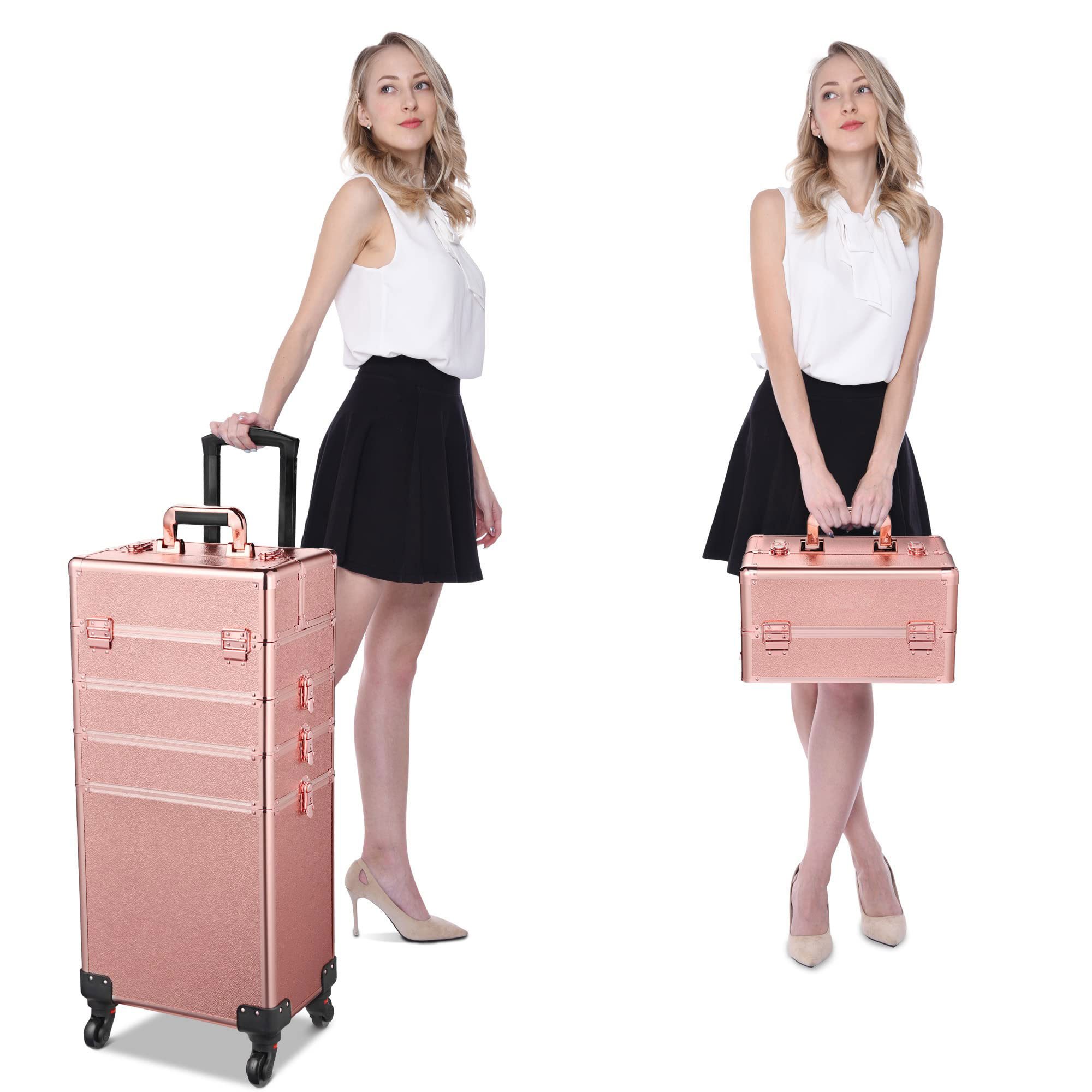 Rolling Makeup Train Case 4in1 Cosmetic Trolley Organizer Travel Case Lockable Salon Removable Wheels for Makeup Artist